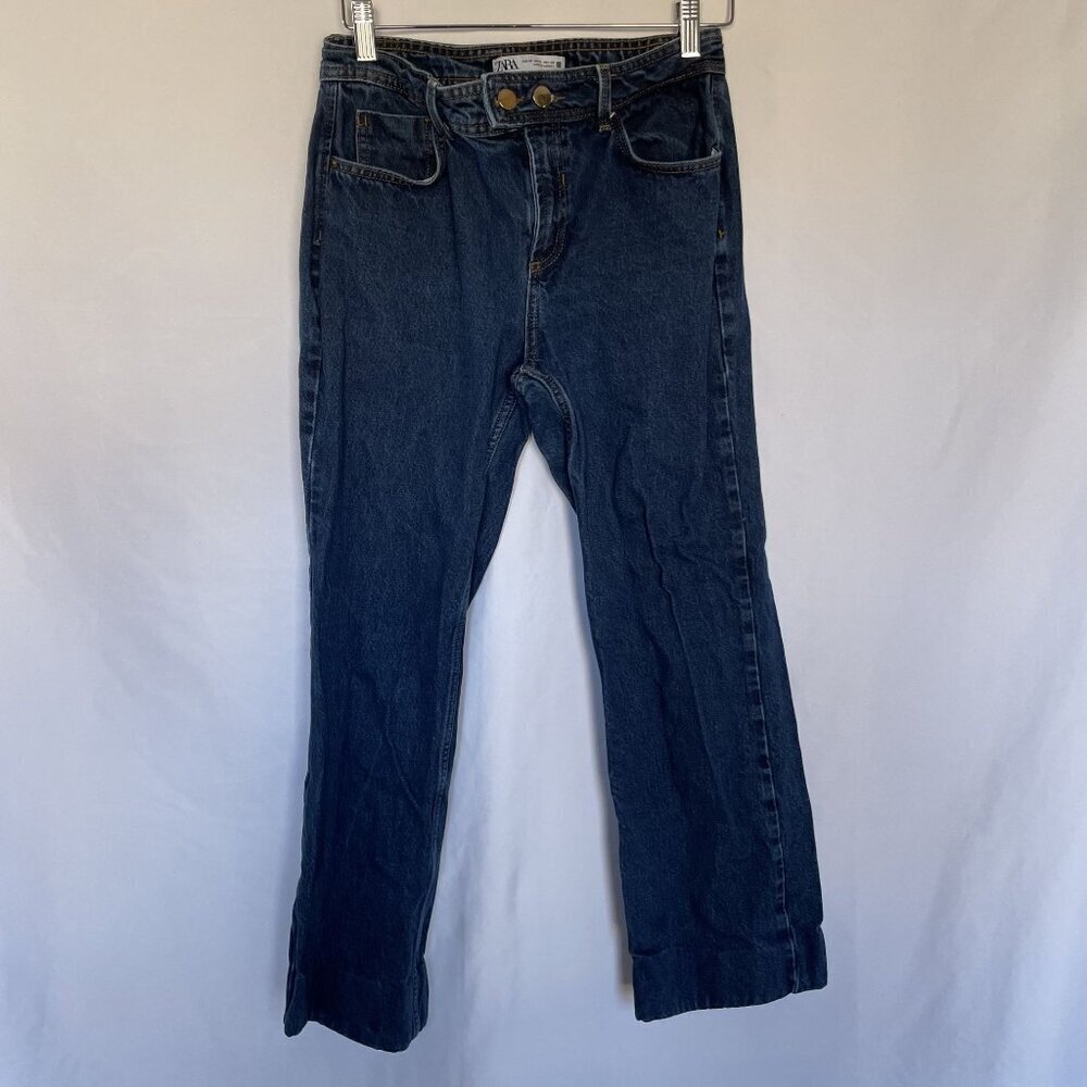 Zara medium wash‎ denim jeans straight leg women's size 6 pockets double buttons
